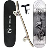 WHOME Pro Skateboard Complet pour Adulte/Enfant Fille/garçon débutant/Pro - 31 x 8 inch Standard,Plateau 8 Plis érable Alpin,roulement ABEC-9,T-Tool Inclus(Skull)